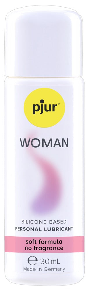 Pjur Woman Glidmedel, en 30 ml vit flaska med en gul cirkellogga, säger elegant "silikonbaserat glidmedel" och "mjuk formula, ingen doft." Den är idealisk för känsliga slemhinnor och sakkunnig tillverkad i Tyskland.