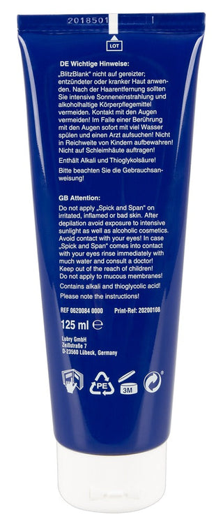 BlitzBlank Hårborttagningskräm kommer i en blå tub med tyska och engelska instruktioner, varningar och streckkod. Den innehåller 125 ml av en formel berikad med vårdande ingredienser för silkeslen hud. Tillverkarinformation finns längst ner.