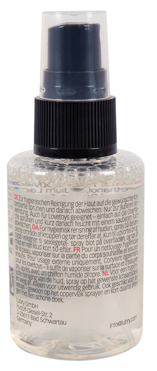 2in1 Clean Intim & Toy Cleaner är en sprayflaska i klar plast med svart munstycke och tysk text, perfekt som en alkoholfri spray för vegansk rengöring av sexleksaker eller intima områden.