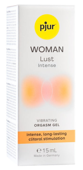 Boxförpackning för Woman Lust Intense innehåller en 15 ml klitorisstimulerande gel med naturliga ingredienser, designad för att ge intensiv njutning.