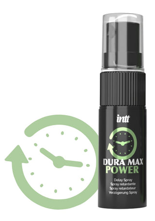 Dura Max Power Delay Spray 12ml: En svart sprayflaska med en grön klockgrafik, utformad för att hjälpa män att förlänga nöjet.