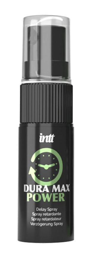 Svart sprayflaska märkt Dura Max Power Delay Spray 12ml med klockgrafik och genomskinligt lock, perfekt för dig som vill ha en effektiv spray för män att förlänga njutningen.