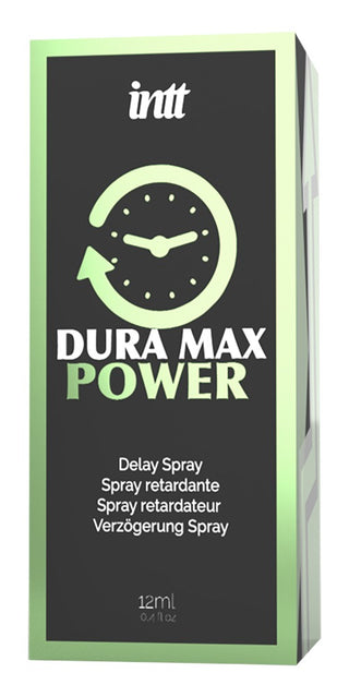 Dura Max Power Delay Spray 12ml kommer i en grön och svart låda med en klockikon och är effektiv spray för män, utformad för att förlänga njutningen.
