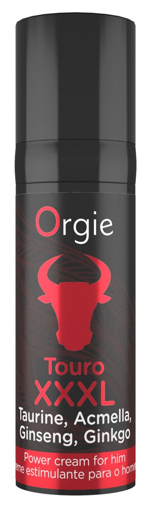 Svart flaska märkt Touro XXXL Power Cream med ett rött tjurhuvud. Innehåller ginseng för en stimulerande massagekräm, perfekt för en uppfriskande penismassageupplevelse.