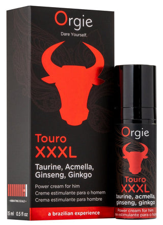 Touro XXXL Power Cream kommer i en svart och röd låda och flaska med en tjurhuvudgrafik. Denna stimulerande massagekräm med ginseng är utformad för att stärka penismassage för män.