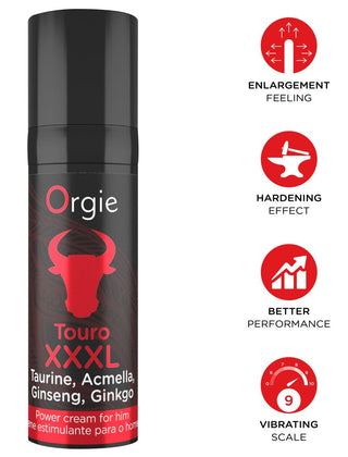 Den svarta och röda flaskan med Touro XXXL Power Cream har ikoner för utvidgning, härdning, prestanda och vibration - perfekt för penismassage med en stimulerande formel berikad med ginseng.