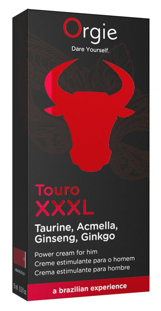 Svart och röd ask märkt Touro XXXL Power Cream med en tjurgrafik; stimulerande massagekräm för män som innehåller taurin, örter och ginseng.
