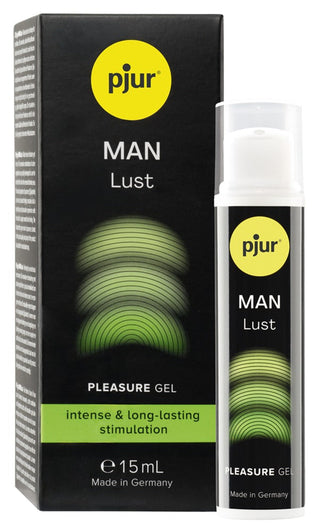 Pjur MAN Lust Pleasure Gel 15 ml, en liten svart tub med vit och röd text, vattenbaserat glidmedel.