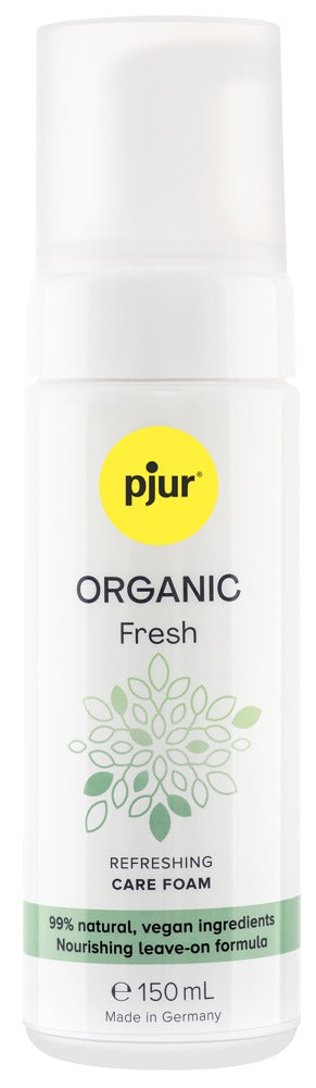 Vit flaska med Pjur Organic Fresh Intimrengöringsskum med gröna accenter och etikettinformation. Tillverkad av naturliga ingredienser och 100% veganska för mild, effektiv intimrengöring.