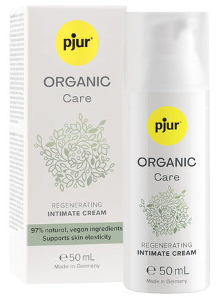 Pjur Organic Care Intimkräm, 50 ml flaska och ask, tillverkad i Tyskland. Återfuktande intimkräm för känslig hud med naturliga veganska ingredienser.