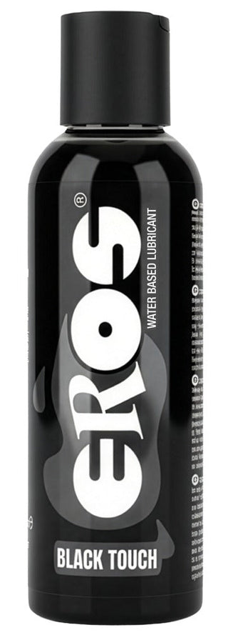 Eros Black Touch 150 ml flaska, svart plast med enkel cylindrisk design, visas mot en vit bakgrund.