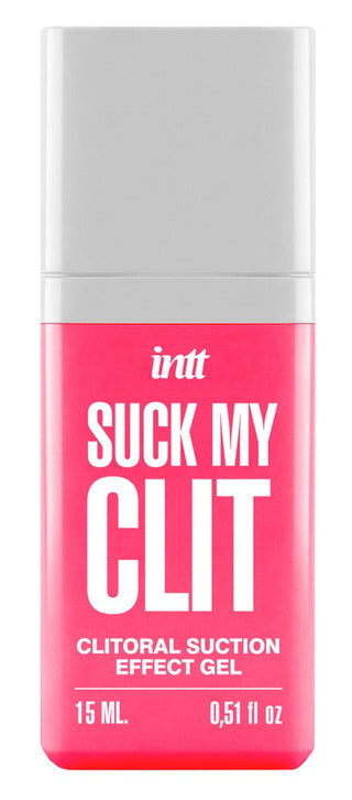 15 ml Intt Suck My Clit Jordgubb-gel i flaska med rosa kropp och grå kork.