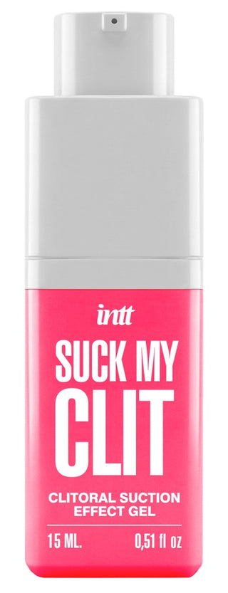 En 15 ml-flaska Intt Suck My Clit Jordgubb med en vit och rosa etikett.