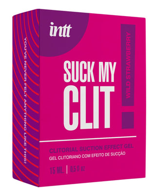 Rosa rektangulär förpackning med texten ”Intt Suck My Clit Jordgubb” – gel för klitorisstimulering med smaken av vildjordgubbe, 15 ml.