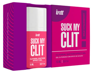 15 ml-flaska med Intt Suck My Clit Jordgubb – gel för klitorisstimulering, röd etikett, genomskinlig plastförpackning.