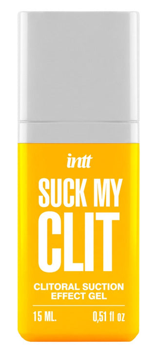 Gul och vit plastflaska med etiketten ”Intt Suck My Clit Tropical Mango”, volym 15 ml (0,51 fl oz).