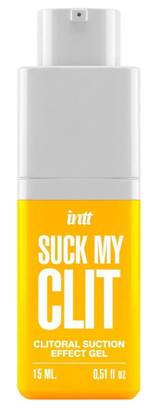 En gul och vit tub på 15 ml med INTT Suck My Clit Tropical Mango – ett gel för klitorisstimulering.