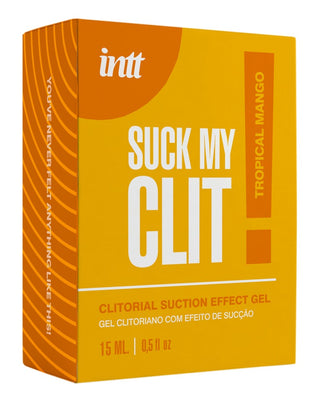 En orange förpackning med texten ”Intt Suck My Clit Tropical Mango, 15 ml” i fet vit och gul text.