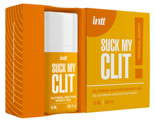 Intt Suck My Clit Tropical Mango – klitorisgel i en 15 ml plastflaska med orange och gul förpackning.