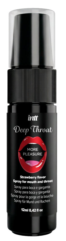 Svart plastflaska med sprayhuvud och etiketten ”Intt Deep Throat Spray Jordgubb”, rymmer 12 ml.