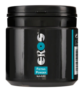 Svart plastbehållare med blå detaljer, märkt ”EROS Powder Glidmedelspulver 100 g”.