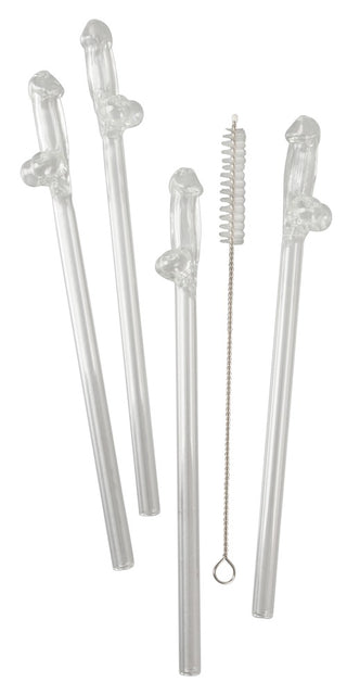 Penisformade Glasstrån 4-pack innehåller fyra genomskinliga återanvändbara sugrör med penisformer och en liten rengöringsborste på en vit bakgrund.