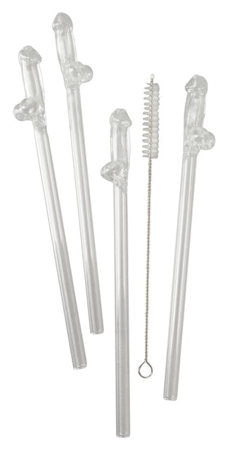 Penisformade Glasstrån 4-pack innehåller fyra genomskinliga återanvändbara sugrör med penisformer och en liten rengöringsborste på en vit bakgrund.