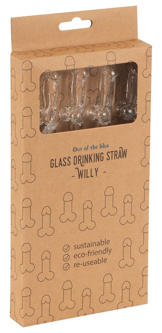 Penisformade Glasstrån 4-pack-återanvändbara glasstrån med matchande penismönster och miljövänliga etiketter i brun förpackning.
