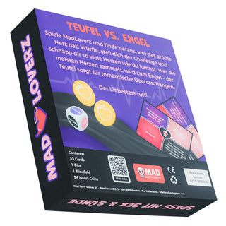 En lila spelbox med titeln MadLoverz Erotisk Spel, med hjärtmotiv-ett erotiskt sällskapsspel med sensuella uppgifter, perfekt som spel för par.