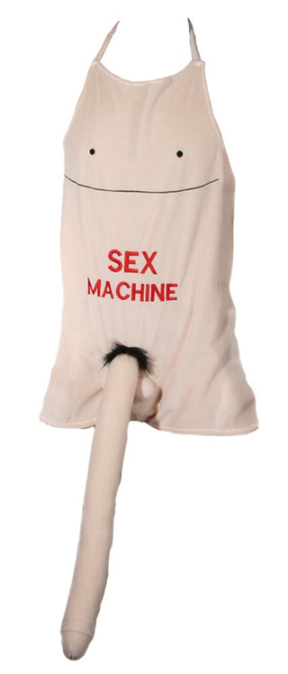 Roligt Förkläde med Penis är en nakenfärgad förkläde med en tecknad nakenfigursdesign, med djärv röd "SEX MACHINE"-text, lekfulla ögon, en fräck leendelinje och en nyckfull plyschpenis i botten för extra nöje.