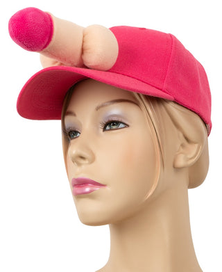 En skyltdocka modellerar Baseball Cap Penis Partykeps Rosa, en rolig rosa keps - perfekt för möhippor eller som svensexa-present.