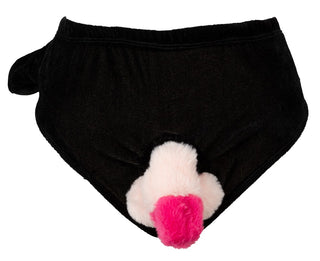 Svarta fantasikalsonger i tyg med en fastsydd mjuk, rosa penis framtill och pumpfunktion.