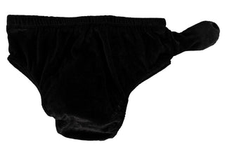 Svarta, originella trosor med en framficka och en fastsydd pump, tillverkade av stretchigt tyg.