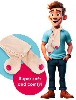 Tecknad man bär en beige Boob Scarf Partyhalsduk formad som bröst, med text: Supermjuk och skön! En rolig present och perfekt partyplagg.