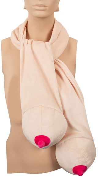 En skyltdocka visar upp Boob Scarf Partyhalsduk - en scarf formad som två tecknade bröst med rosa bröstvårtor, vilket gör den till en rolig present och det perfekta partyplagget för fans av udda stil.