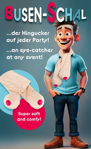 En tecknad man bär Boob Scarf Partyhalsduk; texten marknadsför den som en mjuk, bekväm partyplagg och ett blickfång på fester - en perfekt rolig present!.