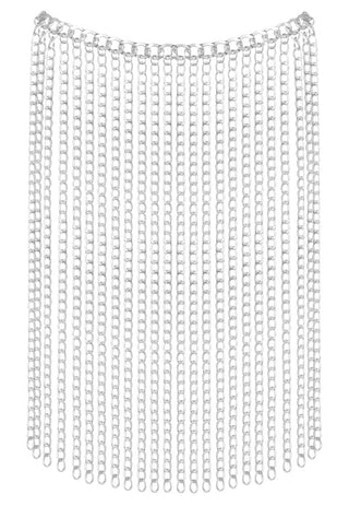 Unisex-halsband och kjol i silverfärgad ringbrynja med vertikala rader av cirkulära kedjelänkar som faller i kaskader.