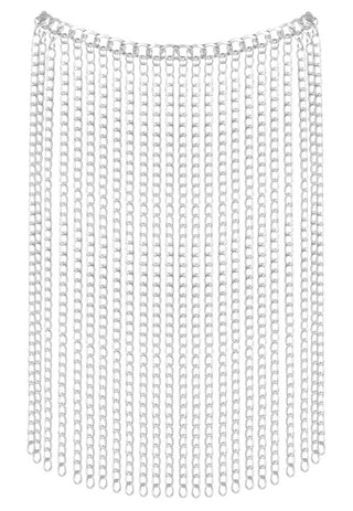 Unisex-halsband och kjol i silverfärgad ringbrynja med vertikala rader av cirkulära kedjelänkar som faller i kaskader.