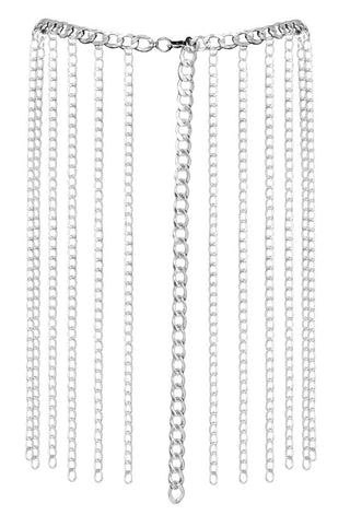Halsband och kjol i silverkedjemail med flera lager av kedjor i fransdesign. Unisex.