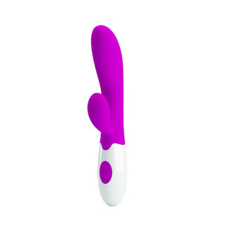 PrettyLove Alvis Dual Vibrator är lila och vit med böjt skaft för G-punktsstimulans samt en mindre klitorisarm för extra njutning.