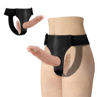 Pretty Love Dubbel Strap On i svart sele med realistisk hudfärgad dildo, visas från två vinklar, material i silikon och textil.