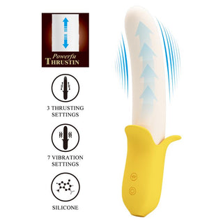 Bananformad vibrator i gul och vit silikon med stöt- och vibrationsfunktioner.