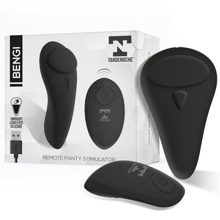 Tardenoche Bengi Trosvibrator är en svart trosvibrator med fjärrkontroll, tillverkad av flytande silikon. Förpackningen visar produktbilden och varumärket Tardenoche.