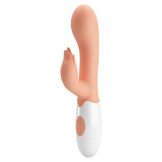 Kaninvibrator i silikon med dubbla motorer och vit bas, kontrollknappar, böjt skaft och klitorisstimulator.