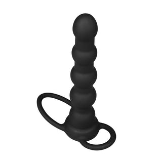 Lovetoy Dubbel Trouble Penisring, en svart silikonpärlplugg med två fingeröglor vid basen, visas mot en vit bakgrund.
