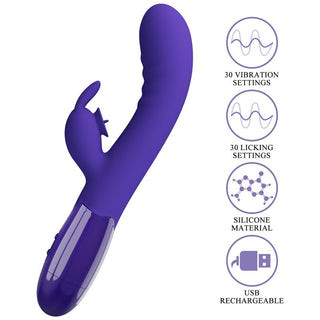 Cerberus Licking Rabbitvibrator, tillverkad av lila silikon, erbjuder klitorisstimulans och visas tillsammans med ikoner för inställningar, material och USB-laddning.