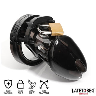 Latetobed Chastity Cage Black med lock-safe, lätt, låsbar och storleksjusterbar; perfekt för långvarig avhållsamhet eller diskret BDSM-kyskhetslek.