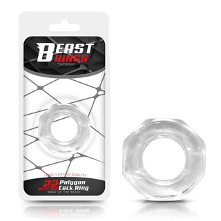 Beast Polygon Cockring Klar är en åttakantig, transparent, superflexibel silikonring med ett centralt hål. Förpackad i snyggt vitt och svart kort med webbdesign, framhäver varumärket "Beast Rings", sloganen "22 Polygon Lock Ring" och "Wake up the beast.