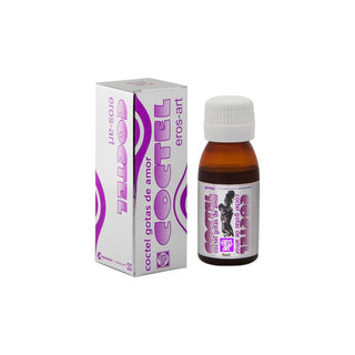 Brun glasflaska märkt Erosart Love Drops 60 ml for women med ask, enkel design och detaljer om örtextrakt.
