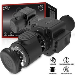 Cumera Camera Masturbator är en svart automatisk leksak för män med löstagbara delar och intensiva vibrationer, uppvisad med förpackningar och funktionsikoner längst ner.